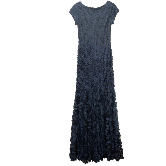 Theia Beaded Petal Appliqué Dress Maxi Short Sleeve Evening Gown Navy Blue 8 - Picture 2 of 9